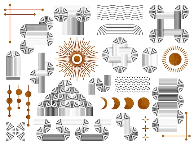 중반 세기 디자인 최소한의 기하학적 보헤미안 인쇄 기하학 현대 미술 스타일 스칸디나비아 간단한 모양 달과 태양 멋진 벡터 세트