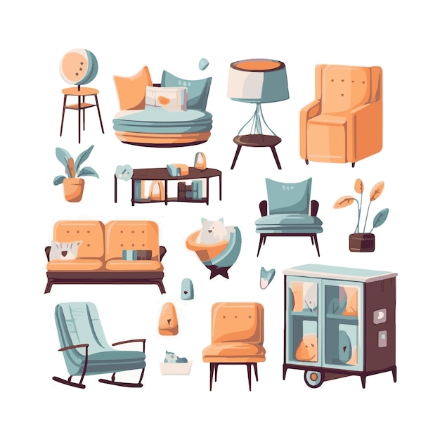 Vector mid century furniture flat modern icons design