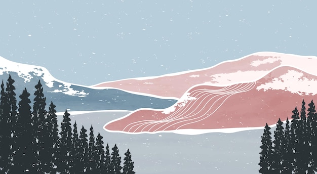 Stampa artistica di montagna moderna della metà del secolo astratti sfondi estetici contemporanei paesaggi illustrazione della foresta di montagna, mare, cielo e fiume