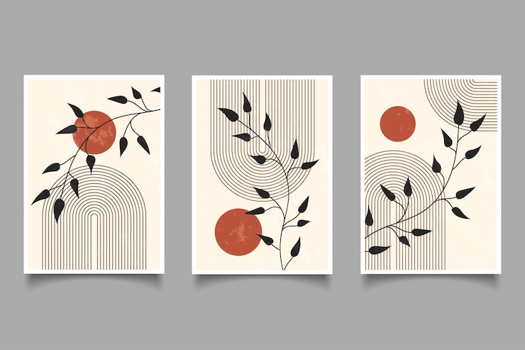 Vector mid century modern sun and leaves boho poster design illustrationbotanical portraits poster