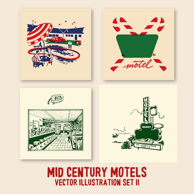 Mid century motels vector illustration set 2