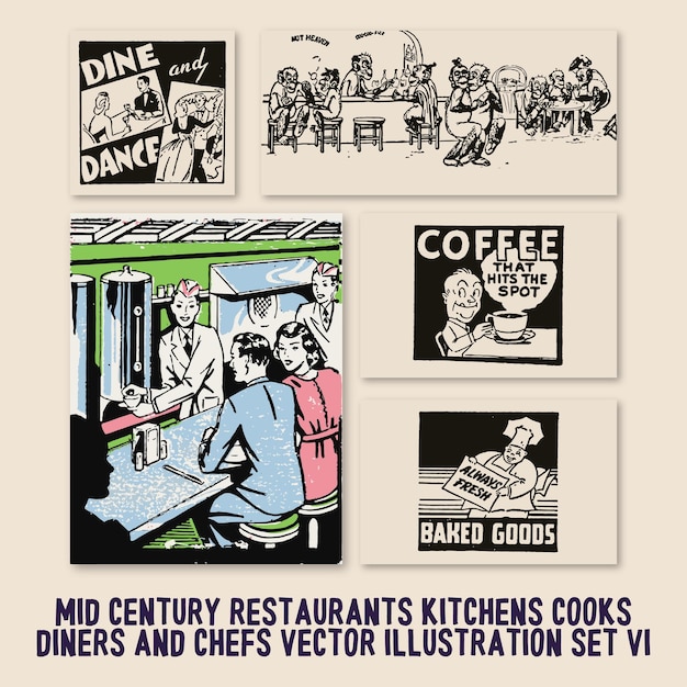 Vettore le cucine dei ristoranti della metà del secolo cucinano i commensali e gli chef insieme di illustrazioni vettoriali 6