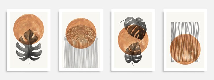 Vector mid cetury poster set with boho elements and hand drawn shapes