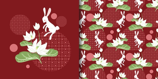 Banner del festival di metà autunno e modello senza cuciture con simpatici conigli e fiori di loto su sfondo rosso