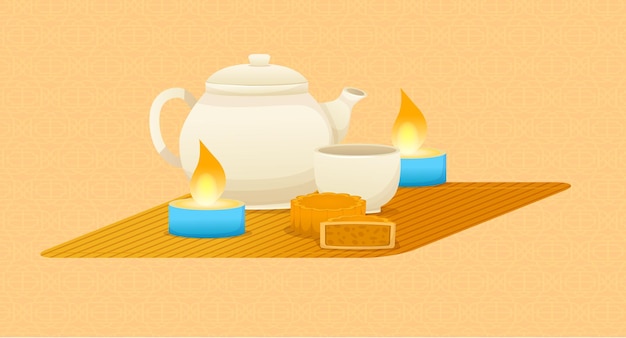 MidAutumn Festival design with tea in a teapot delicious cookies burning candles