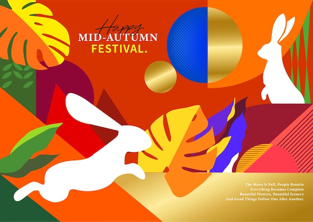 Плакат Фестиваля середины осени с двумя белыми кроликами и золотой луной