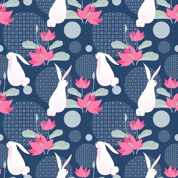 Вектор Праздник середины осени бесшовный узор с милыми кроликами и цветами лотоса на синем фоне узора