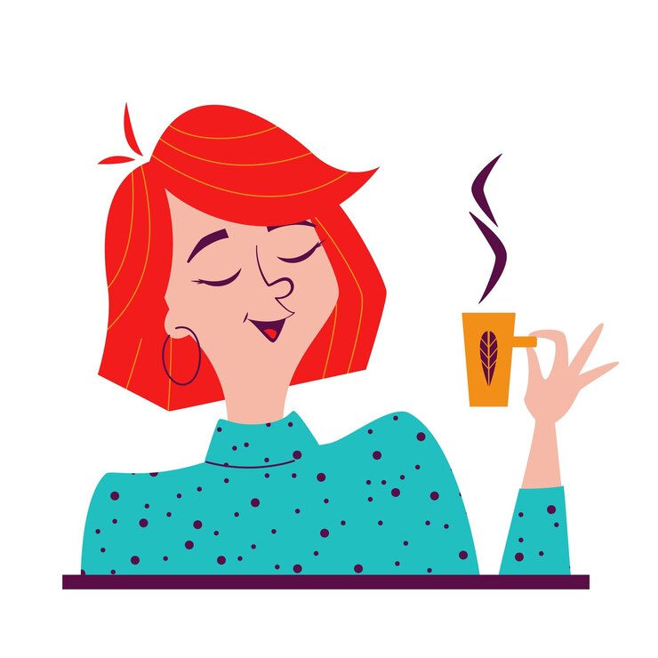 Vector midcentury woman holding a cup of tea or coffee and cheering up cartoon 60s style retro illustration