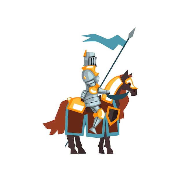 Middeleeuwen ridder zittend op een paard en blauwe vlag in de hand houden. bewaker van het koninkrijk. stripfiguur van dappere krijger. kleurrijke platte vectorillustratie geïsoleerd op een witte achtergrond.