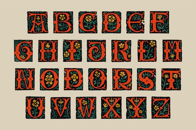 Vector middeleeuws alfabet grunge gotische initialen 16e eeuw gegraveerd drop caps blackletter stijl lettertype