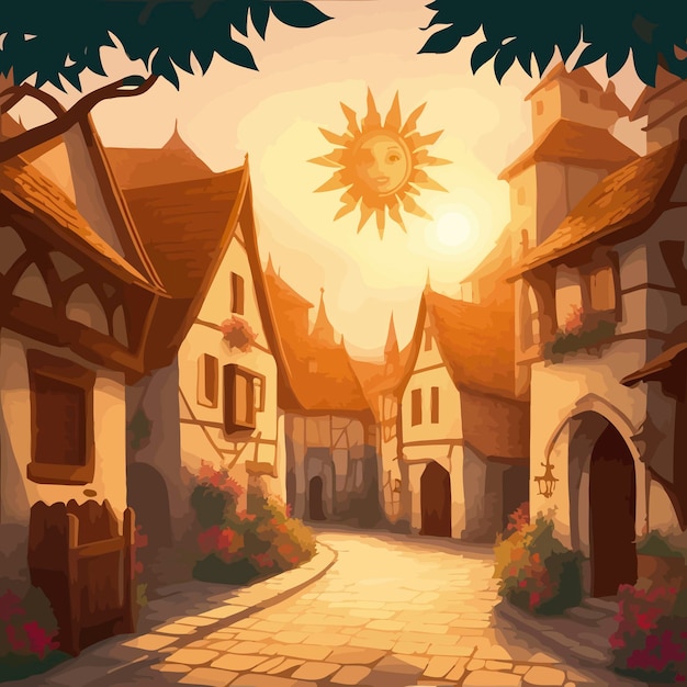 Middeleeuws dorp zon ster illustratie