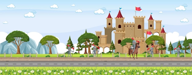 Vector middeleeuws stadsbeeld met dorpsbewoners en kasteel