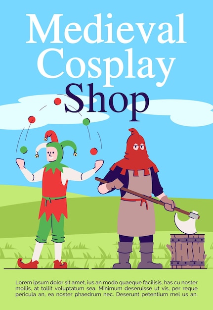 Middeleeuwse cosplay winkel brochure sjabloon. Middeleeuwse kostuums slaan flyer, boekje, folderconcept met platte illustraties op. Vectorpaginalay-out voor tijdschrift. Advertentie-uitnodiging met tekstruimte