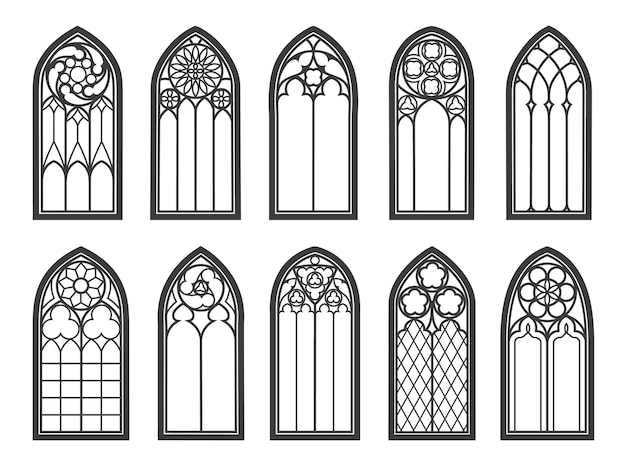 Vector middeleeuwse gotische kerk glazen ramen kasteel arche