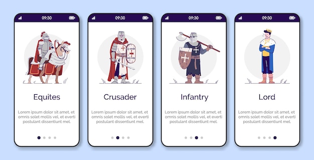 Middeleeuwse personages onboarding mobiele app pagina scherm vector sjabloon Vier walkthrough website stappen met platte stripfiguren Ouderdom koning en ridders UX UI GUI smartphone interface concept