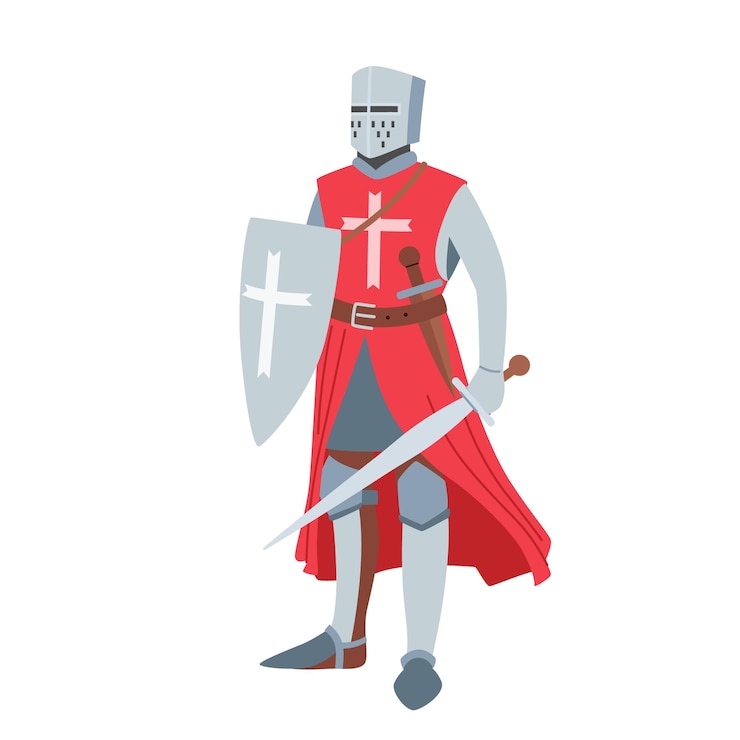 Vector middeleeuwse ridder heraldische karakter dragen harnas en zwaard brave warrior crusader geïsoleerd op witte achtergrond