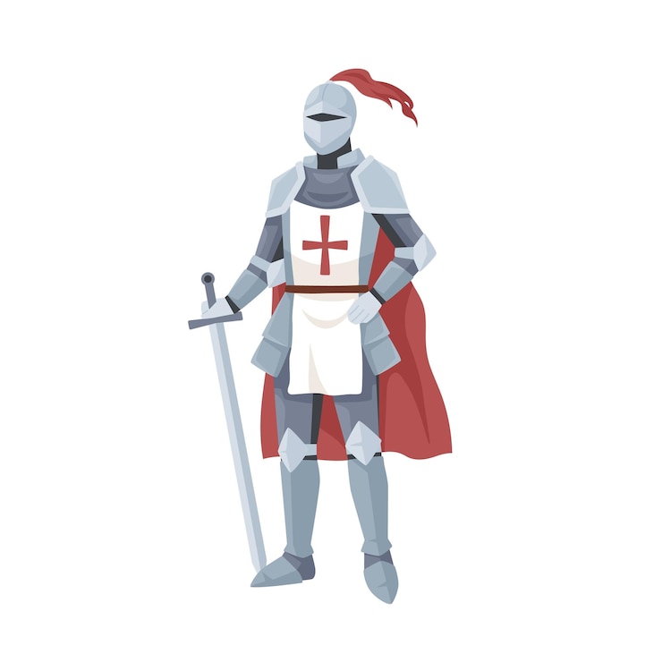 Vector middeleeuwse ridder in harnas, rode cape en helm met veer. krijger van middeleeuwen staande en leunend op een zwaard. ridderfiguur geïsoleerd op een witte achtergrond. platte vectorillustratie.