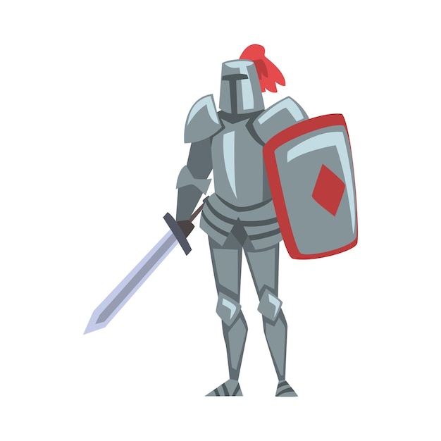 Vector middeleeuwse ridder ridderschap krijger personage in full metal body armor met schild en zwaard cartoon style vector illustratie