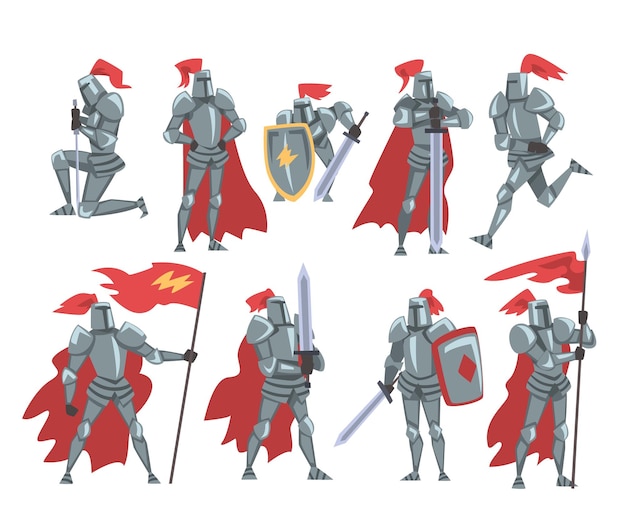Middeleeuwse ridders stellen ridderlijke krijgers personages in volledig metalen lichaamspantsering met wapen cartoon stijl vector illustratie
