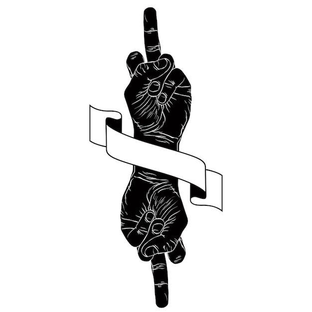 Middelvingerhandteken met twee handen en lint, punkembleem, gedetailleerde zwart-witte vectorillustratie.
