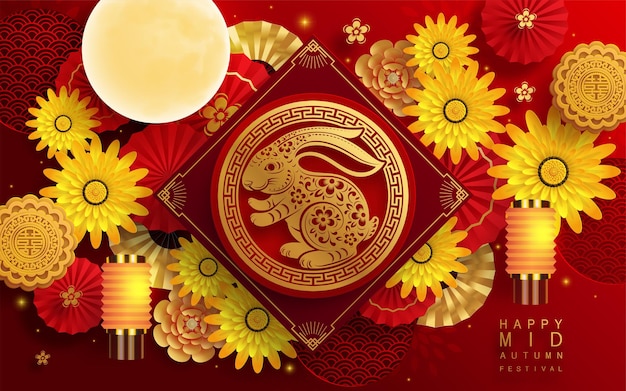 Midden herfstfestival met chinese lantaarns met konijn en maan mooncake bloem