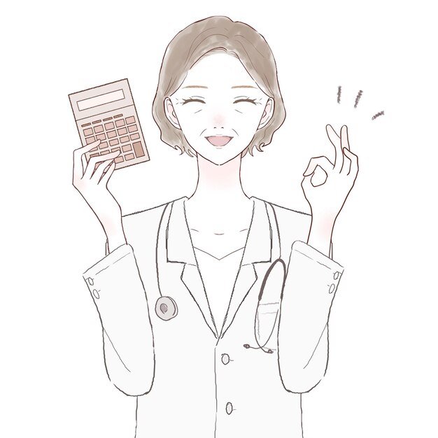 Vector middle-aged female doctor holding calculator and holding ok sign. on white background.