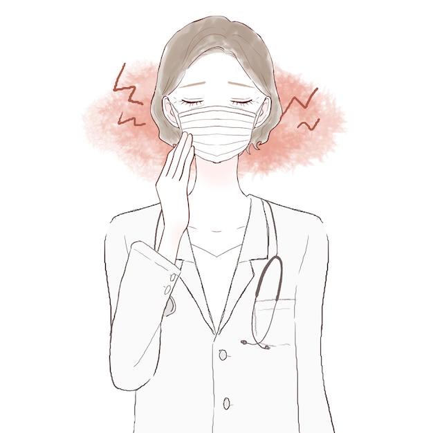 A middle-aged female doctor suffering from friction and skin irritation caused by wearing a mask. on white background.