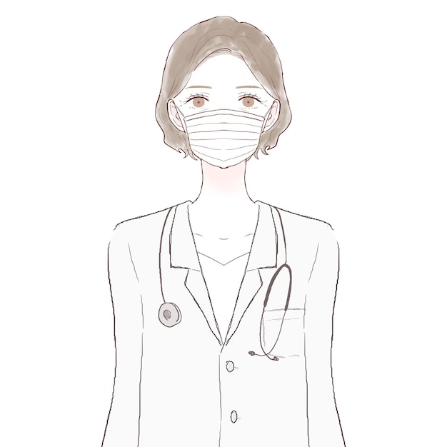 Middle-aged female doctor wearing nonwoven mask. On white background.