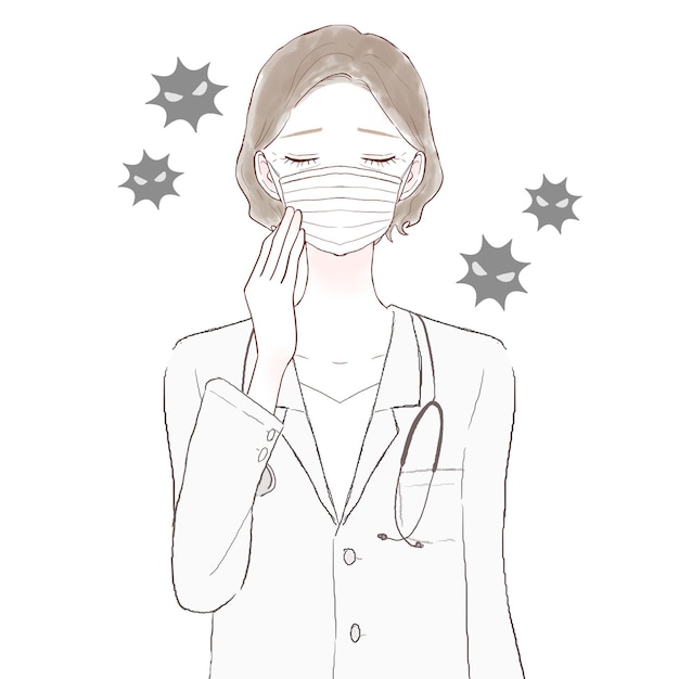 Vector middle-aged female doctor wearing nonwoven mask. on white background.