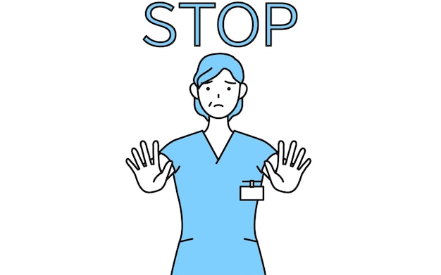 Middle aged Senior Female nurse physical therapist occupational therapist speech therapist nursing assistant in Uniform with her hands out in front of her body signaling a stop