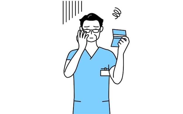 中年 シニア 男性 看護師 理学療法士 作業療法士 言語聴覚士 制服を着た看護助手 通帳を見て落ち込む