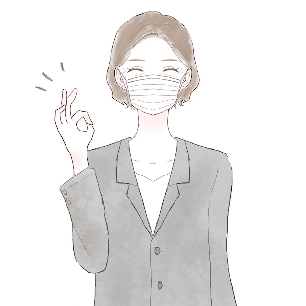 Middle-aged woman in suit wearing nonwoven mask with ok sign. on white background.