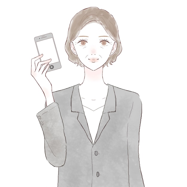 Middle-aged woman in a suit with a smartphone. on white background.