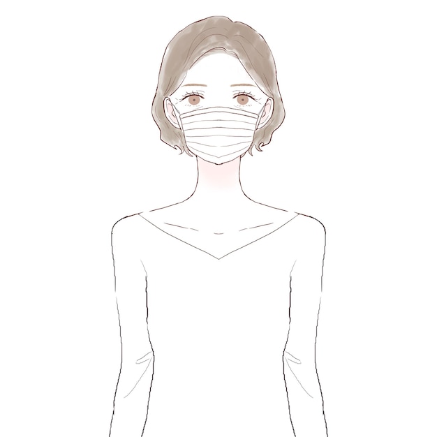 Middle-aged woman wearing nonwoven mask. On white background.