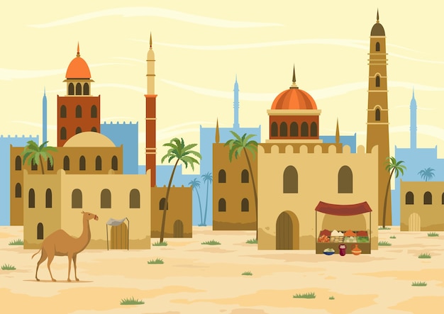 Vettore paesaggio del deserto arabo del medio oriente con case tradizionali in mattoni di fango edificio antico sullo sfondo illustrazione vettoriale piatta