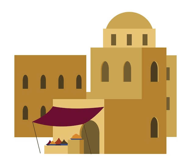 Vector middle east arabic desert with traditional mud brick houses ancient building flat vector illustration