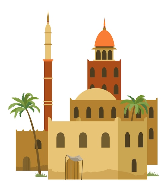 Vector middle east arabic desert with traditional mud brick houses ancient building flat vector illustration