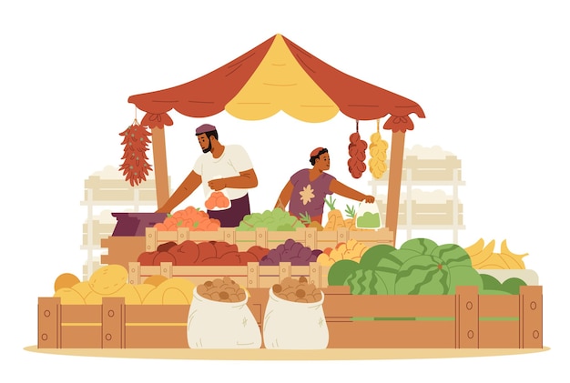 Vector middle eastern family father and son selling fruits and vegetables in a marketplace