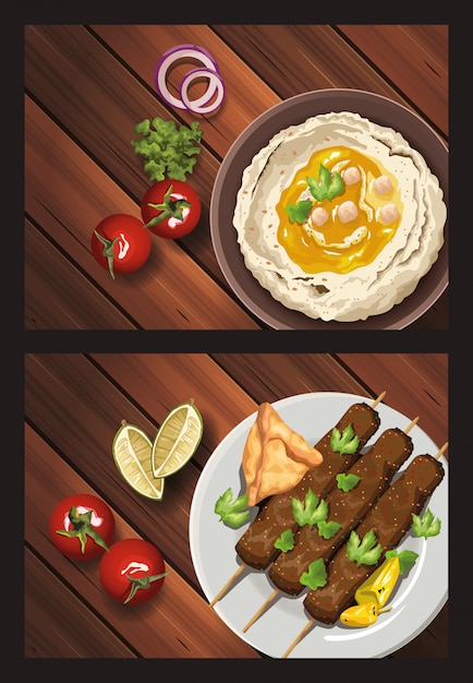 Vector middle eastern food in wooden table illustration