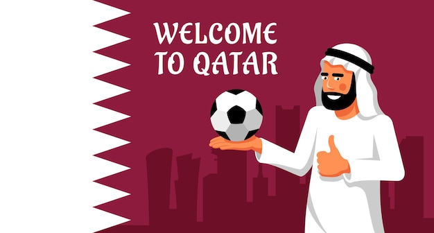 Vector middle eastern football arab man with soccer ball on qatar