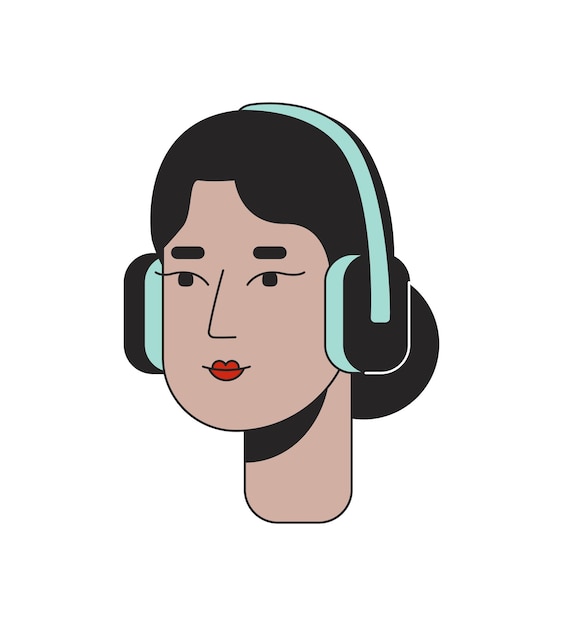 Middle eastern lady wearing headphones 2D linear cartoon character head Arab female melomaniac isolated line vector person face white background Young adult earphones color flat spot illustration