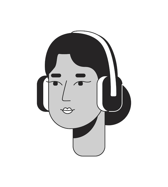 ベクトル 中東の女性がヘッドフォンを着用している黒と白の2dライン漫画キャラクターヘッド アラブの女性メロマニアック 孤立したベクトル輪郭 人の顔 アダルトヘッドフォン 単色フラットスポットイラスト