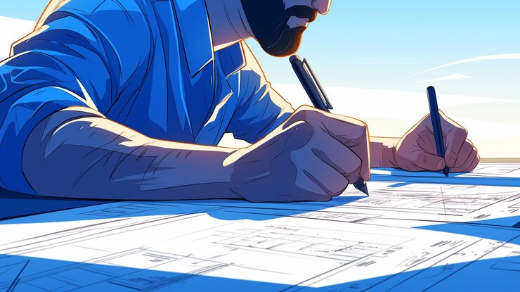 Vector middle eastern male architect in his 30s drafting blueprints