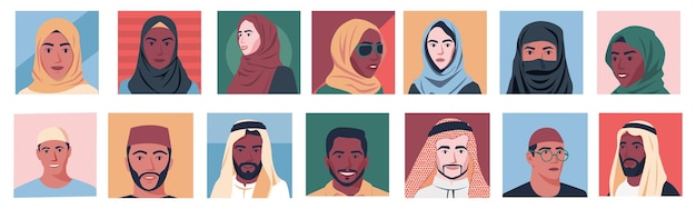 Middle eastern people avatars Man and woman portraits for user profiles cartoon arabian male and female characters diverse race concept Vector set