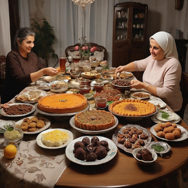 Persone del medio oriente che mangiano a tavola durante il digiuno del ramadan