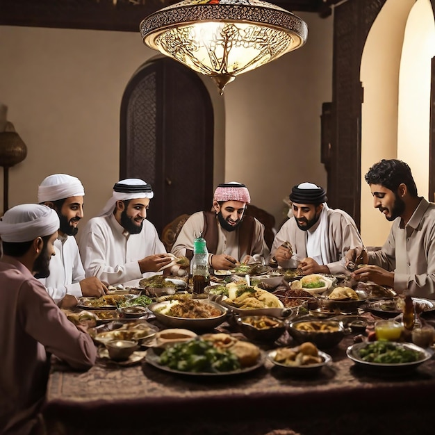 Middle Eastern people eating at dining table during Ramadan fasting