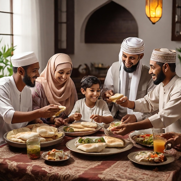 Middle Eastern people eating at dining table during Ramadan fasting