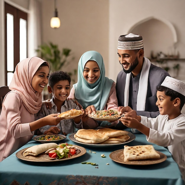 Middle Eastern people eating at dining table during Ramadan fasting