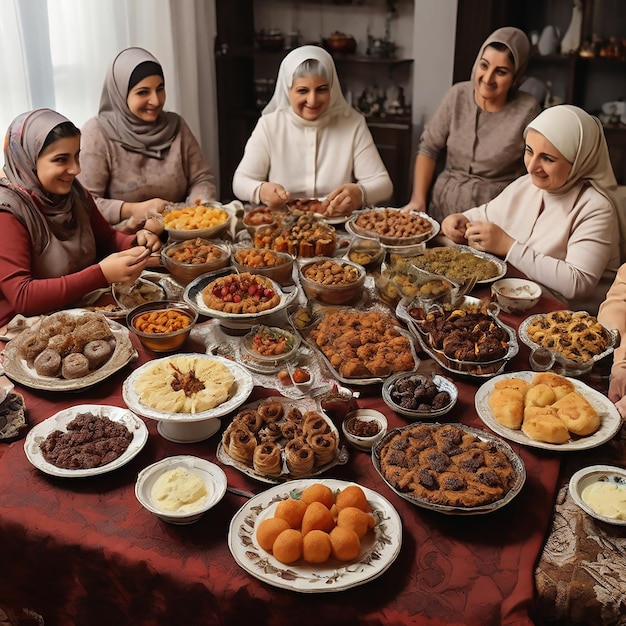 Middle Eastern people eating at dining table during Ramadan fasting