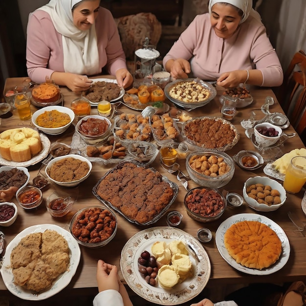 Middle Eastern people eating at dining table during Ramadan fasting